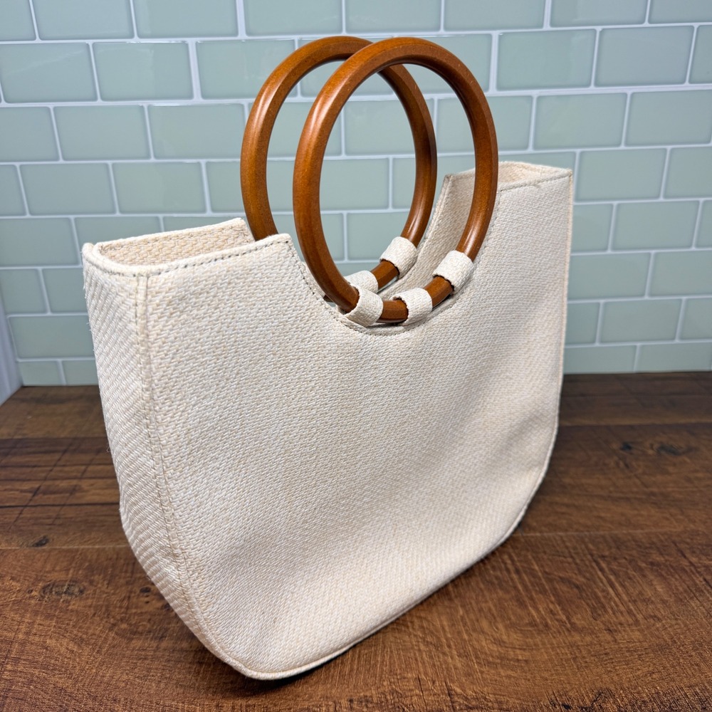 Boho Woven Versatile Straw Satchel/Hand/Shoulder Bag Wood Ring Handles - Picture 3 of 16